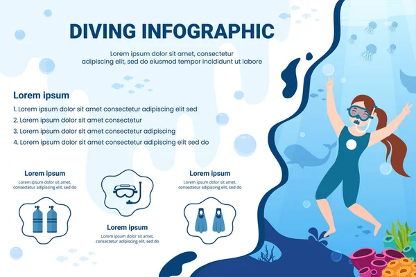 Diving Social Media Infographic Template Flat Cartoon Background Vector Illustration — 스톡 벡터