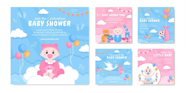 Baby Shower Little Boy Girl Social Media Post Template Flat — Stockvektor