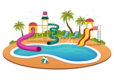 Water Park with Swimming Pool, Amusement, Slide, Palm Trees for Recreation and Outdoor Playground in Flat Cartoon Illustration