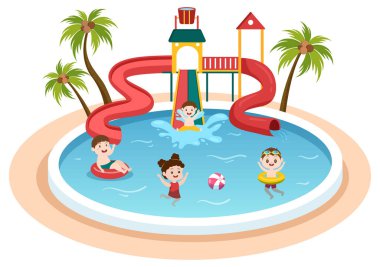 Water Park with Swimming Pool, Amusement, Slide, Palm Trees and the Children are Swim for Recreation and Outdoor Playground in Flat Cartoon Illustration