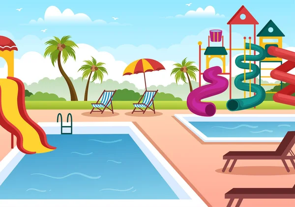 Water Park Swimming Pool Amusement Slide Palm Trees Recreation Outdoor — ストックベクタ