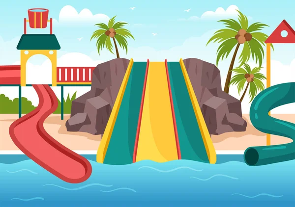 Parque Acuático Con Piscina Atracciones Tobogán Palmeras Para Recreación Parque — Vector de stock