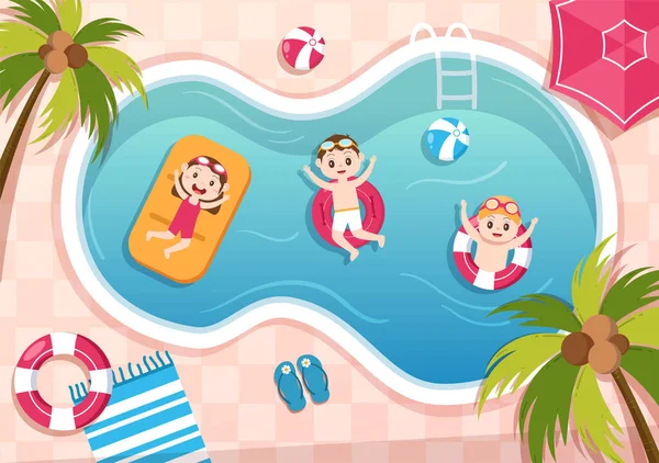 Water Park Swimming Pool Amusement Slide Palm Trees Children Swim — ストックベクタ