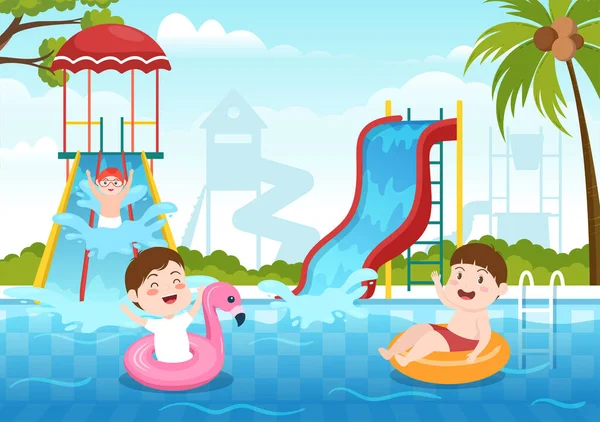 Water Park Swimming Pool Amusement Slide Palm Trees Children Swim — Stockvector
