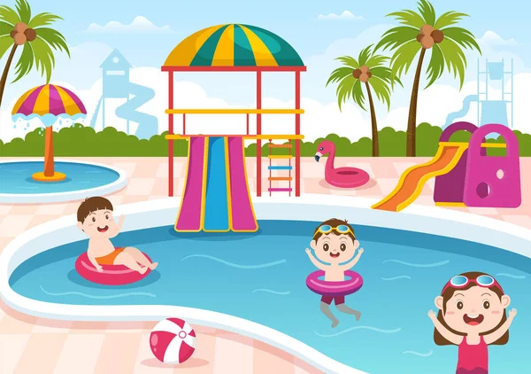 Water Park Swimming Pool Amusement Slide Palm Trees Children Swim — Stockový vektor