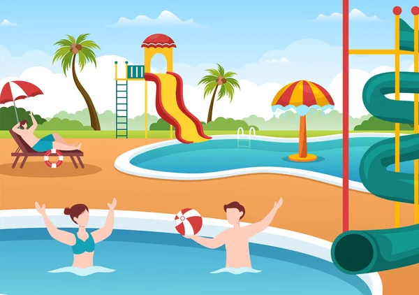 Water Park Swimming Pool Amusement Slide Palm Trees People Swim — Stockový vektor