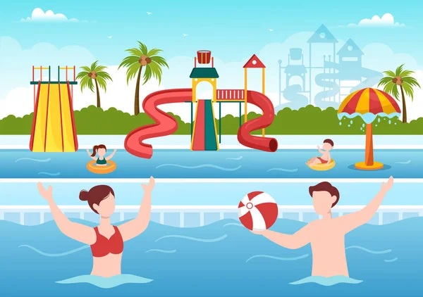 Wasserpark Mit Schwimmbad Vergnügen Rutsche Palmen Und Die Menschen Schwimmen — Stockvektor