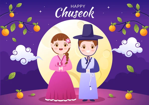 Happy Chuseok Day Korea Thanksgiving People Traditional Hanbok Full Moon — Stock vektor