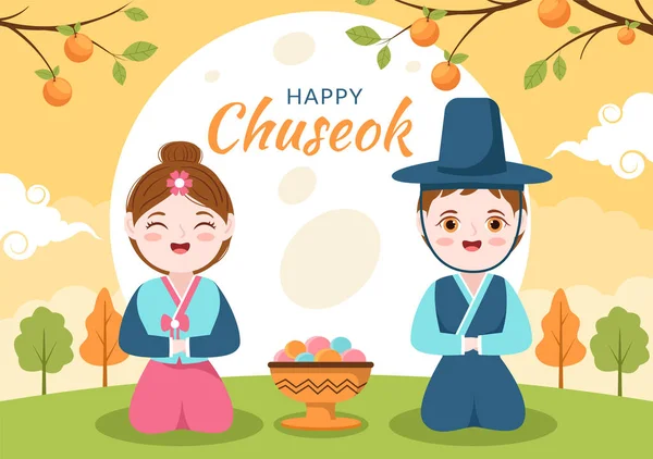 Happy Chuseok Day Korea Thanksgiving People Traditional Hanbok Full Moon — Vettoriale Stock
