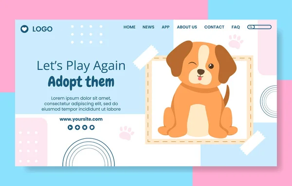 Animal Shelter Social Media Landing Page Template Flat Dog Cartoon — Stock Vector