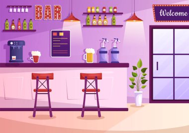 Akşamları Alkol Şişeleri, Barmen, Masa, İçişleri ve Salon Odası Çizgi Film İllüstrasyonu 'ndaki Barda veya Barda