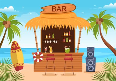 Tropical Bar or Pub in Beach with Alcohol Drinks Bottles, Bartender, Table, Interior and Chairs by Seaside in Flat Cartoon Illustration