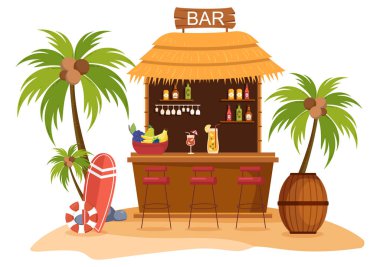 Tropical Bar or Pub in Beach with Alcohol Drinks Bottles, Bartender, Table, Interior and Chairs by Seaside in Flat Cartoon Illustration