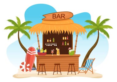 Tropical Bar or Pub in Beach with Alcohol Drinks Bottles, Bartender, Table, Interior and Chairs by Seaside in Flat Cartoon Illustration