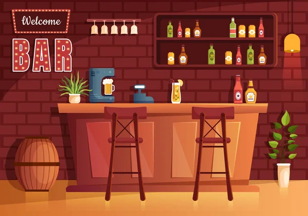 Bar Pub Evening Alcohol Drinks Bottles Bartender Table Interior Chairs — Vector de stock