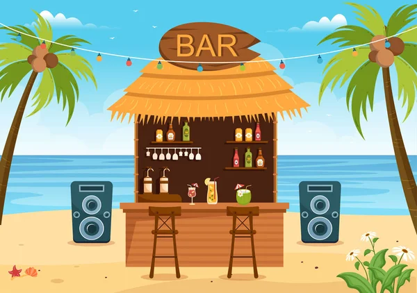 Bar Tropicale Pub Spiaggia Con Bevande Alcoliche Bottiglie Barista Tavolo — Vettoriale Stock