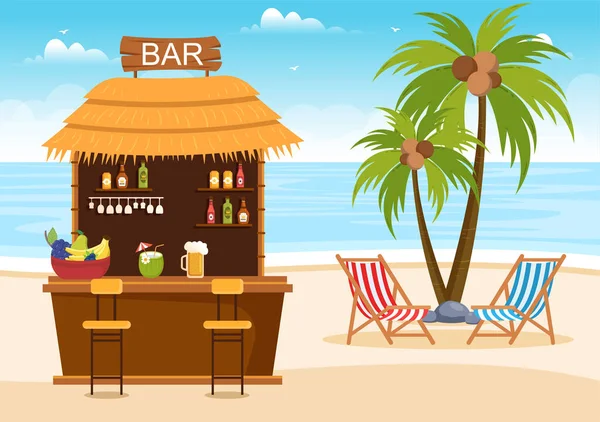 Tropical Bar Pub Beach Alcohol Drinks Bottles Bartender Table Interior — Stock Vector
