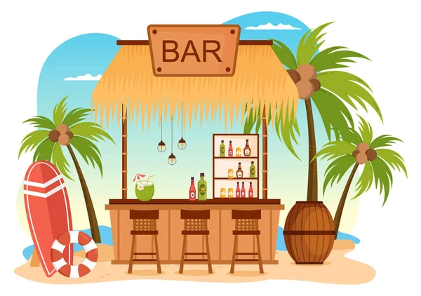 Tropical Bar Pub Beach Alcohol Drinks Bottles Bartender Table Interior — Vector de stock