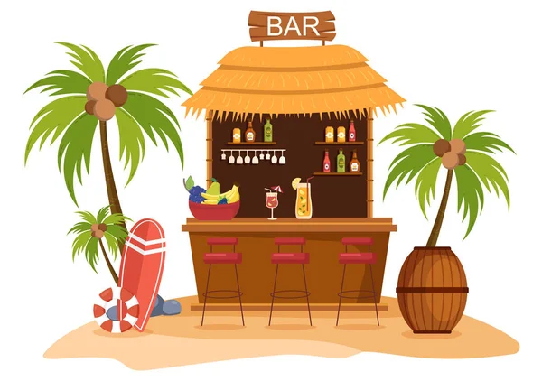 Bar Tropicale Pub Spiaggia Con Bevande Alcoliche Bottiglie Barista Tavolo — Vettoriale Stock
