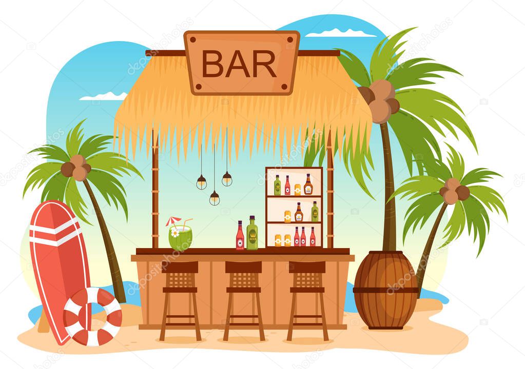 Tropical Bar or Pub in Beach with Alcohol Drinks Bottles, Bartender, Table, Interior and Chairs by Seaside in Flat Cartoon Illustration