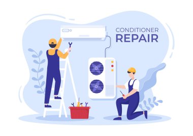 Air Conditioner Repair or Installation Illustration with Unit Breakdown, Maintenance Service, Cooling System in Flat Style Cartoon Concept