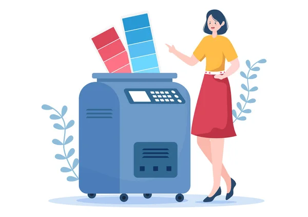 Print Shop Illustratie Met Productieproces Bij Printing House Machines Voor — Stockvector