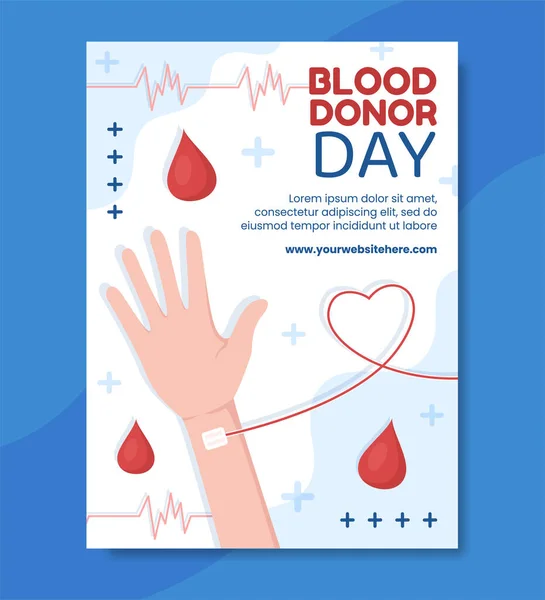 World Blood Donor Day Poster Template Flat Cartoon Background Vector — Stok Vektör