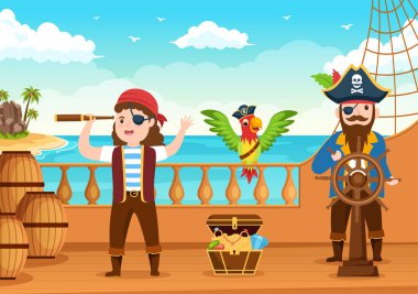 Cute Pirate Cartoon Character Illustration with Wooden Wheel, Chest, Vintage Caribbean, Pirates and Jolly Roger on Ship on Sea or Island