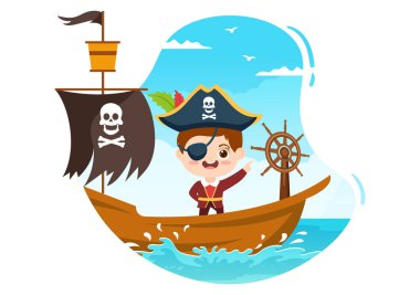 Tahta Tekerlek, Sandık, Antika Karayipler, Korsanlar ve Denizdeki Gemide Jolly Roger 'la Şirin Korsan Çizgi Filmi Çizimi