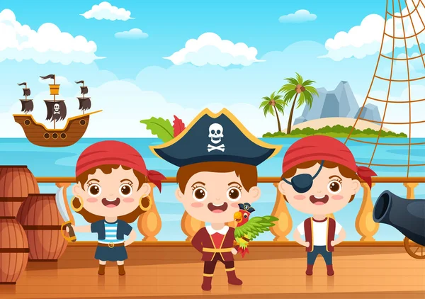 Ilustração Bonito Dos Desenhos Animados Pirata Com Roda Madeira Peito — Vetor de Stock
