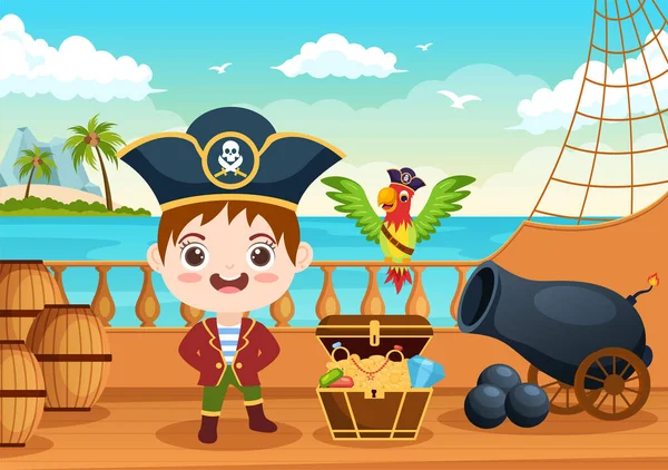 Cute Pirate Cartoon Character Illustration Wooden Wheel Chest Vintage Caribbean — 스톡 벡터