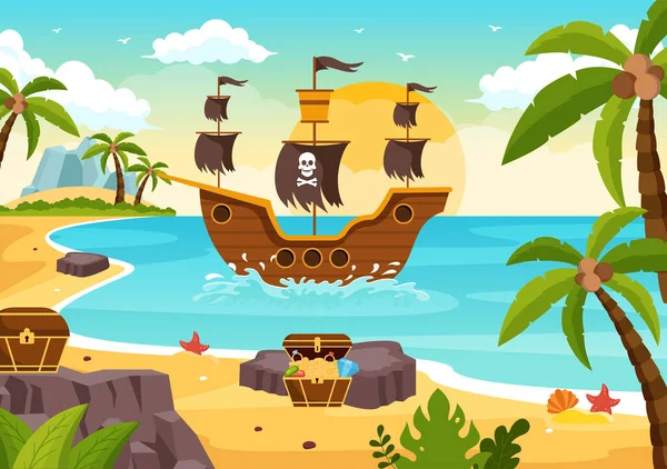 Cute Pirate Cartoon Character Illustration Wooden Wheel Chest Vintage Caribbean — Image vectorielle