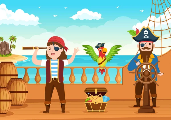 Graziosa Illustrazione Del Personaggio Dei Cartoni Animati Pirata Con Ruota — Vettoriale Stock