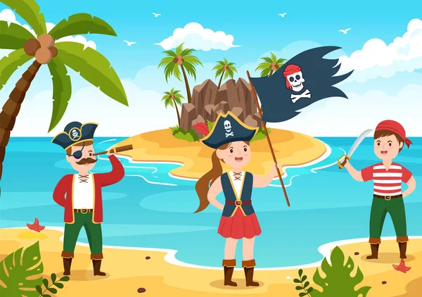 Ilustração Bonito Dos Desenhos Animados Pirata Com Roda Madeira Peito — Vetor de Stock