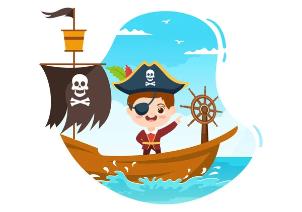 Cute Pirate Cartoon Character Illustration Wooden Wheel Chest Vintage Caribbean — Vetor de Stock