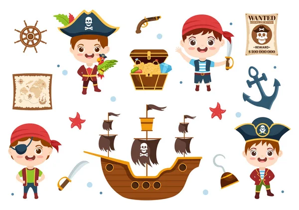 Pirate Cartoon Character Illustration Treasure Map Wooden Wheel Chests Parrot — Vetor de Stock