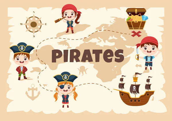 Pirate Cartoon Character Illustration Treasure Map Wooden Wheel Chests Parrot — Vetor de Stock