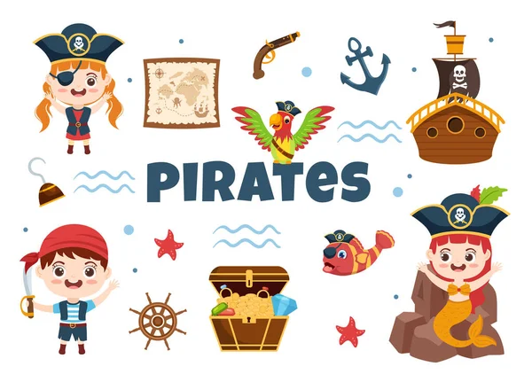 Ilustração Personagem Desenhos Animados Pirata Com Mapa Tesouro Roda Madeira — Vetor de Stock