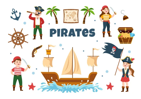 Ilustração Personagem Desenhos Animados Pirata Com Mapa Tesouro Roda Madeira — Vetor de Stock