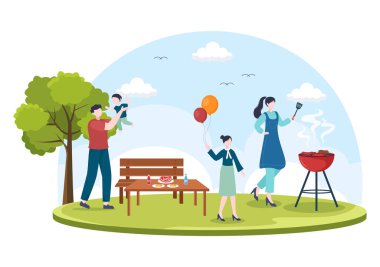 Mangalda Biftek, Tost makinesi, Sosis, Tavuk, Sebze ve İnsanlar Piknikte veya Parktaki Partide Düz Çizgi Roman Çizimlerinde