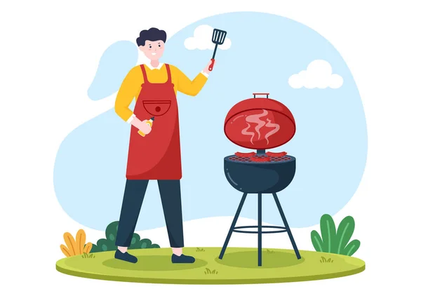 Bbq Barbecue Steaks Grill Toaster Sausage Chicken Vegetables People Picnic — Stock Vector