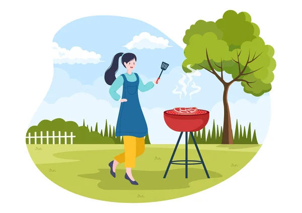 Bbq Barbecue Steaks Grill Toaster Sausage Chicken Vegetables People Picnic — Stock Vector
