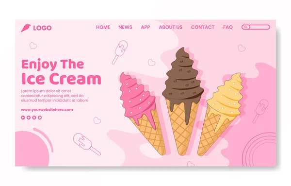 Ice Cream Social Media Landing Page Template Platte Cartoon Achtergrond — Stockvector