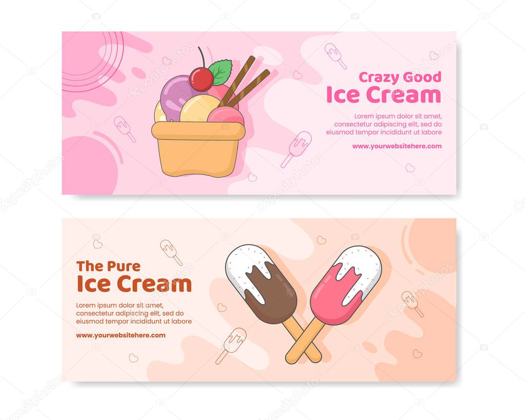 Ice Cream Horizontal Banner Template Flat Cartoon Background Vector Illustration