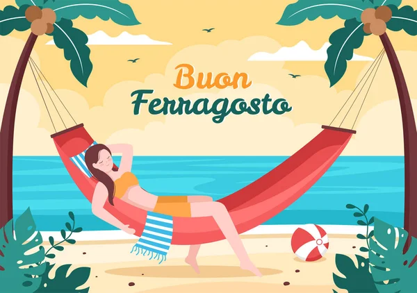 Buon Ferragosto Italian Summer Festival Beach Cartoon Illustration Public Holiday — Stockový vektor