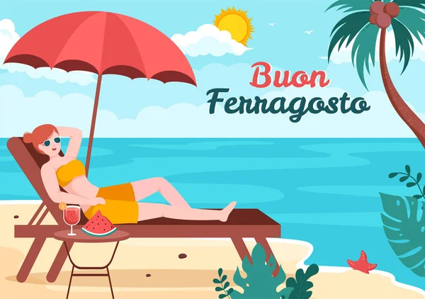 Buon Ferragosto Italian Summer Festival Beach Cartoon Illustration Public Holiday — Stockový vektor
