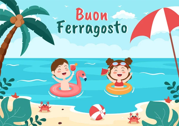 Buon Ferragosto Festival Été Italien Plage Illustration Bande Dessinée Jour — Image vectorielle