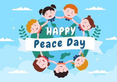 Düz Tasarımla Dünya 'da Refah Yaratmak İçin Elleri, Sevimli Çocukları, Küre ve Mavi Gökyüzü Oluşan Uluslararası Barış Günü Çizgi Filmleri