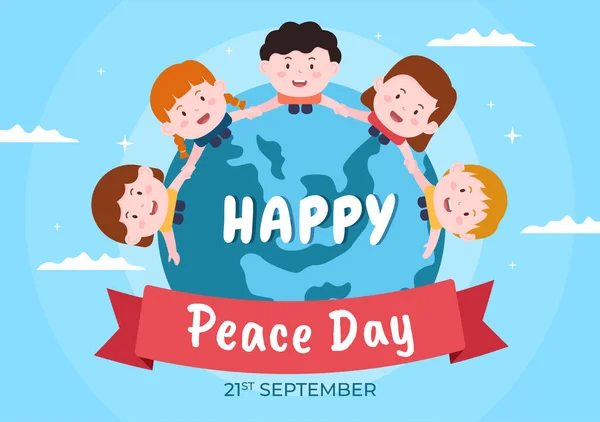 Διεθνής Ημέρα Ειρήνης Εικονογράφηση Κινουμένων Σχεδίων Χέρια Χαριτωμένα Παιδιά Globe — Διανυσματικό Αρχείο