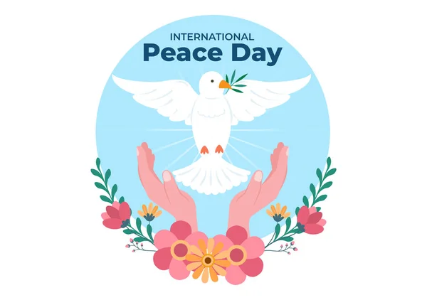 Διεθνής Ημέρα Ειρήνης Εικονογράφηση Κινουμένων Σχεδίων Χέρια Περιστέρι Globe Και — Διανυσματικό Αρχείο